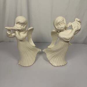 Vintage Atlantic Mold White Ceramic Musical Angels Set of 2 - Flute and Harp 11"